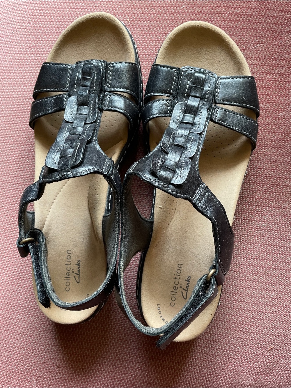 Clarks Black Leather Slingback Sandals with Braided T-Strap